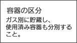 容器の区分　ガス別に貯蔵し、使用済み容器も分別すること